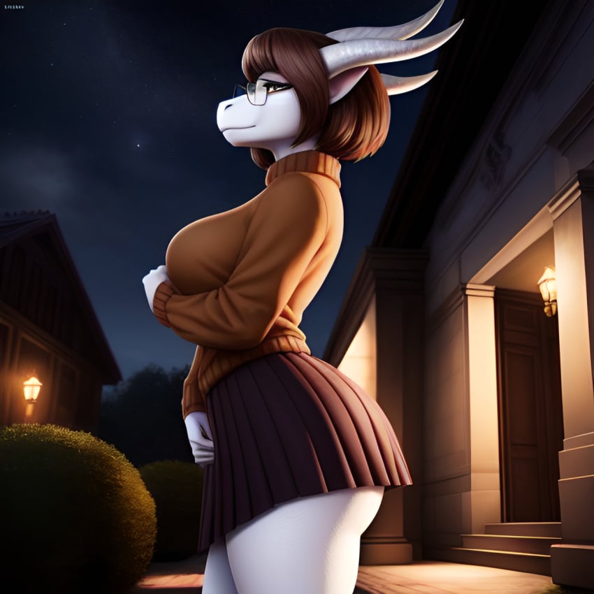 1girls 2020s 2023 ai_generated alternate_species anthro ass_peek big_breasts dragon female female_only frosting.ai glasses hanna-barbera human_to_anthro night outdoors outside scalie scalie_humanoid scalieton scooby-doo self_upload short_skirt side_view sweater transformation velma_dinkley white_body wingless_dragon