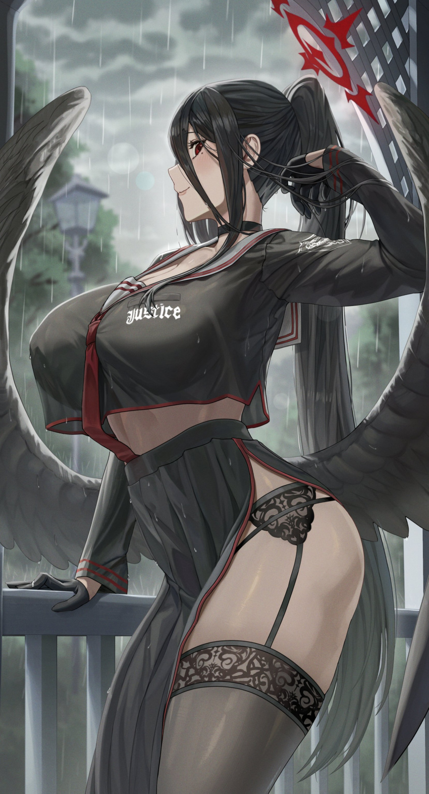 1girls 2023 2d 2d_(artwork) big_breasts big_thighs black_choker black_clothing black_gloves black_hair black_wings blue_archive breasts busty choker clothed feathered_wings female female_focus female_only gloves halo hasumi_(blue_archive) hi_res highres hourglass_figure justice_task_force_(blue_archive) large_breasts large_thighs light-skinned_female light_skin loincloth long_hair mole mole_under_eye rain raining red_eyes silvertsuki skindentation sleeves slit_dress smile smiling smiling_at_viewer solo solo_female stockings tank_top thick_thighs thighhighs thighs trinity_general_school_logo_(blue_archive) trinity_general_school_student voluptuous wings