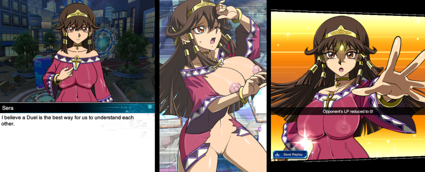 alternate_breast_size bimbo bimbofied breasts brown_hair canastus dress female game_mod gigantic_breasts huge_breasts huge_nipples large_areolae large_breasts long_hair looking_at_viewer mod nipples pussy see-through see-through_dress sera_(yu-gi-oh!) shortstack torn_clothes yu-gi-oh! yu-gi-oh!_duel_links yu-gi-oh!_the_dark_side_of_dimensions