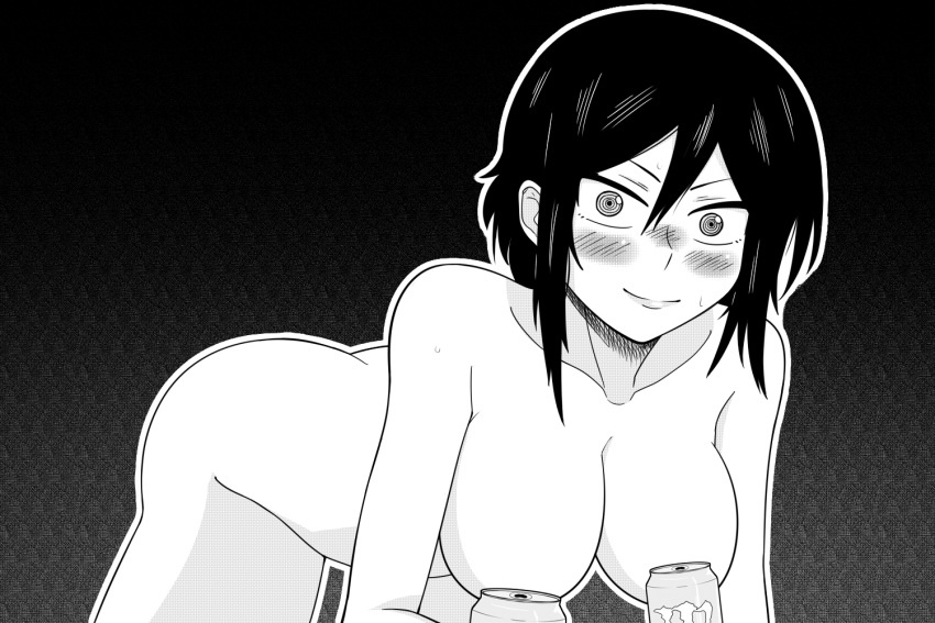 1girls abs all_fours ass_up big_ass big_breasts black_hair blush can covered_nipples curvy drink energy_drink exposed_breasts female female_focus female_only high hitomi-chan_is_shy_with_strangers hitomi-chan_wa_hitomishiri hitomi_takano looking_at_viewer monochrome monster_energy nude on_knees solo_female sweat szmitten tomboy voluptuous