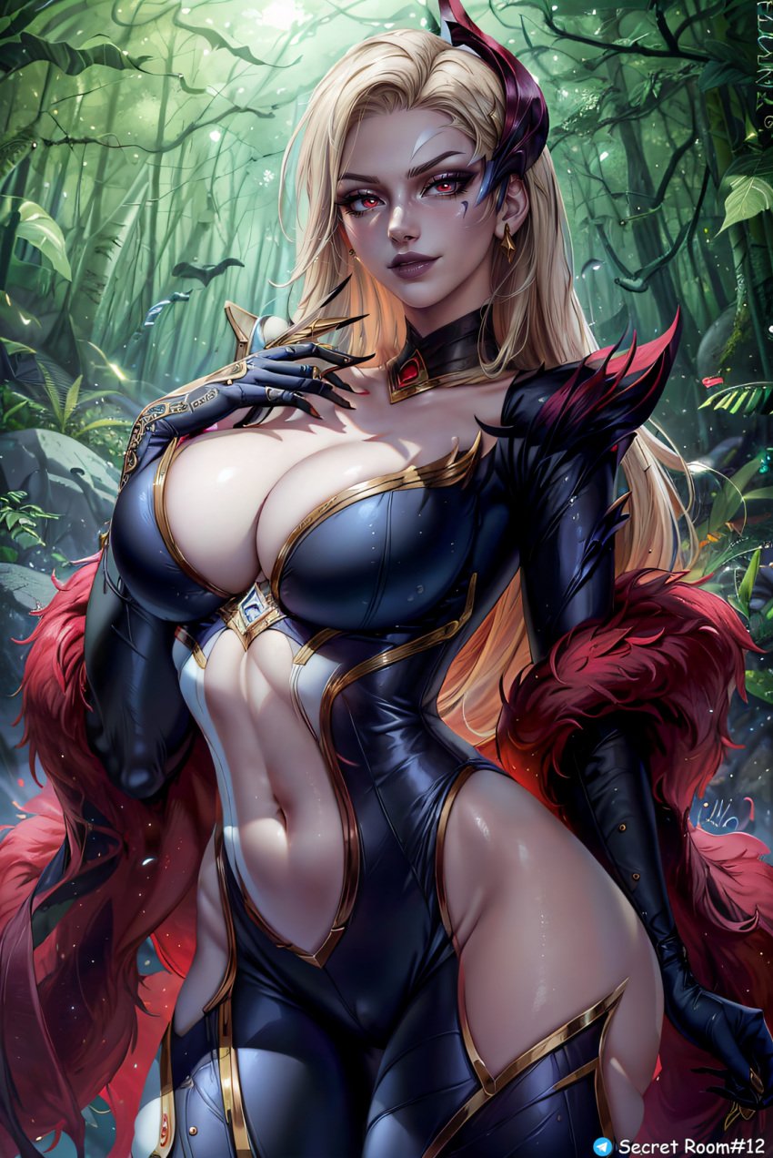 1girls ai_generated black_lipstick blonde_hair child_bearing_hips coven_evelynn eclipse_series evelynn exposed_stomach female female_focus female_only large_breasts league_of_legends looking_at_viewer red_eyes riot_games secret_room12 smile smiling smiling_at_viewer solo solo_female solo_focus stable_diffusion thick_thighs thighhighs thighs wide_hips