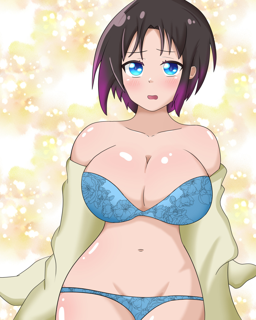 1girls big_breasts black_hair blue_eyes blush bra cleavage curvy curvy_body curvy_female disrobing dragon dragon_girl dragon_maid elma_(dragon_maid) floral_pattern floral_print juansa kobayashi-san_chi_no_maidragon lace-trimmed_bra lace-trimmed_panties large_breasts lingerie looking_at_viewer miss_kobayashi's_dragon_maid multicolored_hair panties purple_hair undressing