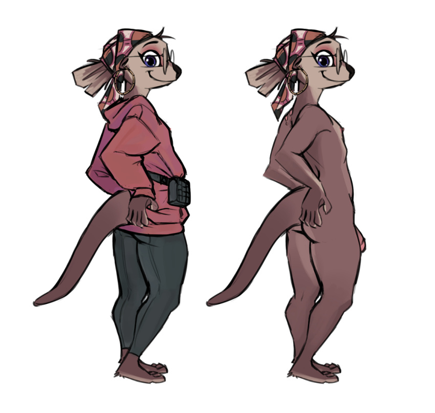 anthro ass barefoot brown_body brown_fur clothed clothing digital_media_(artwork) eyewear feet fully_clothed fur genitals glasses male mammal mostly_nude mustelid otter otterly_(character) penis samur_shalem simple_background smile solo standing tail white_background