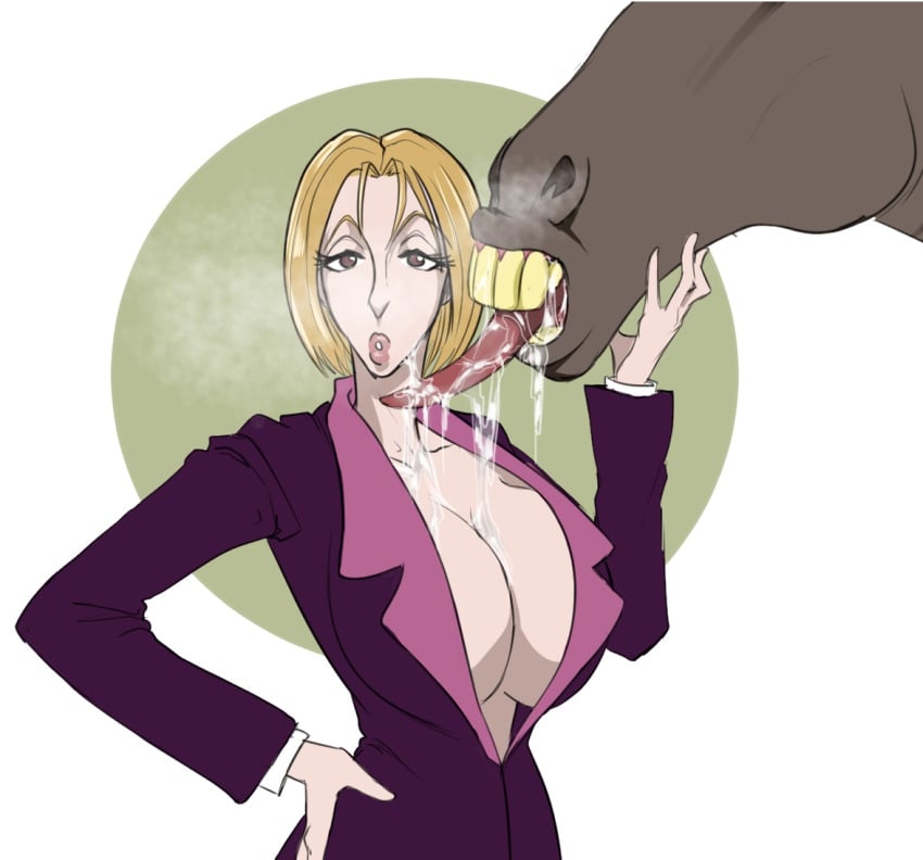 1boy 1girls big_breasts blonde_hair breasts colored drool drooling estanofuego eyeless_male female fully_clothed horse human hunter_x_hunter imminent_sex large_breasts light-skinned_female light_skin looking_at_viewer male pakunoda phantom_troupe saliva short_hair shounen_jump simple_background solo_focus spit tagme villainess zoophilia