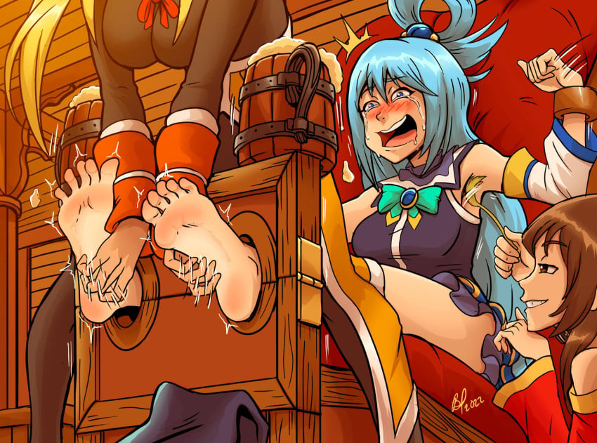 3girls aqua_(konosuba) aqua_hair bad_pierrot barefoot beer blonde_hair blue_hair blush bondage brown_hair brunette clothed_female crying crying_with_eyes_open darkness_(konosuba) foot_fetish foot_focus grin kono_subarashii_sekai_ni_shukufuku_wo! laughing lezdom light_blue_hair megumin soles stocks struggling tavern thighs tickle_torture tickling tickling_armpits tickling_feet yuri