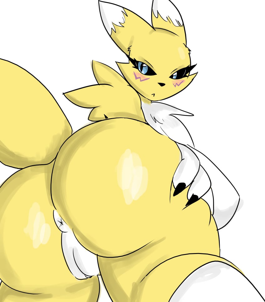 absurd_res anthro anus ass bandai_namco blue_eyes blush breasts digimon digimon_(species) featureless_breasts female genitals hand_on_butt hi_res killer._ez looking_at_viewer pussy renamon simple_background solo white_background white_body yellow_body