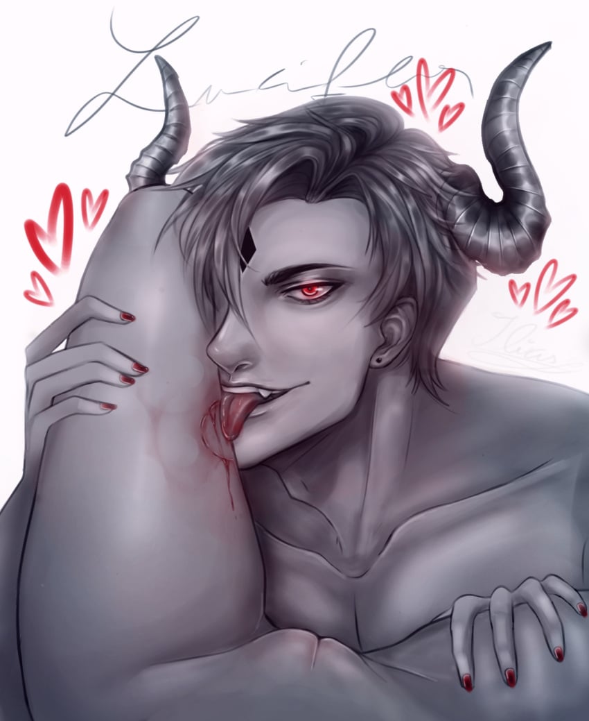 bite_mark blood blood_in_mouth demon devious drawing grey_body horns licking lucifer lucifer_(obey_me) male male/female mc_(obey_me) nude obey_me! obey_me!_one_master_to_rule_them_all tights uncensored