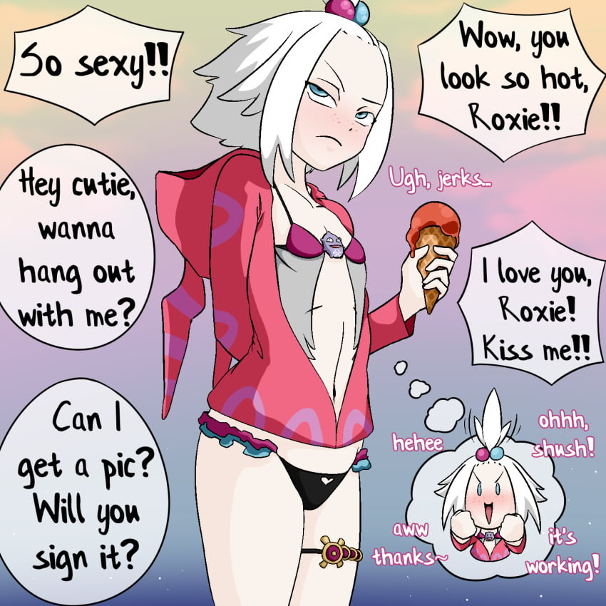 1girls annoyed embarrassed english_text hoodie koffing nintendo panties pokemon revealing_clothes roxie_(pokemon) scolipede thought_bubble white_hair