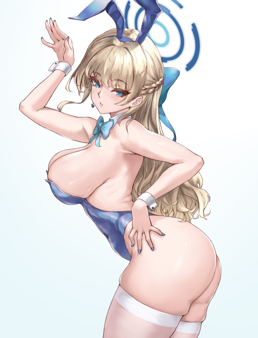 1girls alternate_ass_size alternate_breast_size animal_ears arm_up ass backless_leotard bare_shoulders big_ass blonde_hair blue_archive blue_bow blue_eyes blue_hairband blue_leotard blue_nails bow bowtie braid breasts bunny_ears bunnysuit cleaning_&_clearing_(blue_archive) curvy dat_ass detached_collar duchessofarmeria fake_animal_ears female from_side hairband halo highleg highleg_leotard highres large_breasts leotard long_hair millennium_science_school_student official_alternate_costume official_alternate_hairstyle parted_lips playboy_bunny rabbit_ears sideboob solo thighhighs thighs toki_(blue_archive) toki_(bunny)_(blue_archive) very_long_hair white_thighhighs white_wrist_cuffs wrist_cuffs