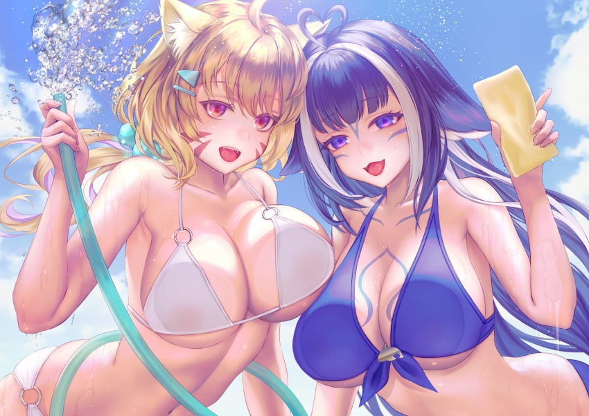 2girls big_breasts bikini blonde_hair car_wash cat_ears cat_tail catgirl face_markings indie_virtual_youtuber multiple_girls orca_girl outdoors red_eyes shylily sponge squchan_(vtuber) virtual_youtuber vtuber vyugen water