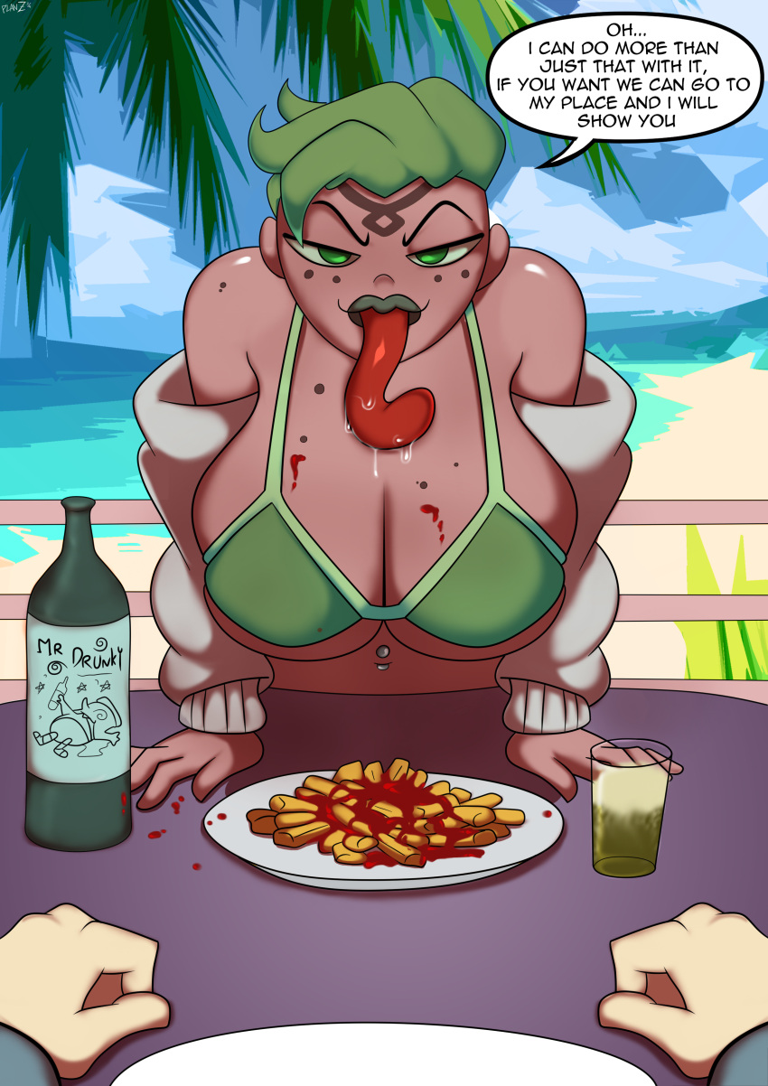 alcohol alien alien_girl attea bare_shoulders beach belly_button_piercing ben_10 ben_10_omniverse big_breasts big_lips bra breasts cartoon_network comic_page date dialogue dinner_date english english_text female food freckles french_fries full_lips green_eyes green_hair huge_breasts human_disguise incursean jacket ketchup large_breasts light-skinned_female light_skin long_tongue looking_at_viewer male oddrich partial_male planz34 raised_eyebrow short_hair speech_bubble standing top_heavy