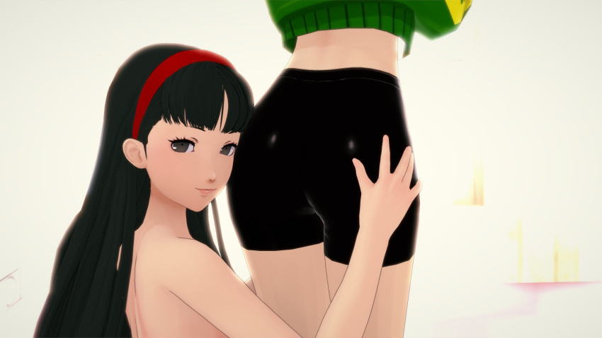 3d amagi_yukiko ass ass_grab braulete2 censored clothed clothed_female_nude_female persona persona_4 satonaka_chie tagme yuri