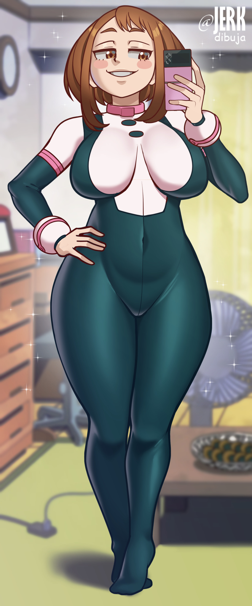 1girls alternate_version_available background big_breasts breasts brown_eyes brown_hair clothing curvaceous feet female female_only full_body hand_on_hip hero_outfit_(mha) hips huge_breasts jerkdibuja legs my_hero_academia ochako_uraraka outfit selfie short_hair smile solo solo_female superheroine thick_thighs wide_hips