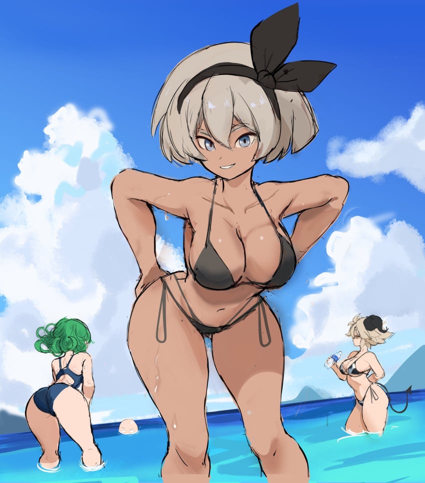 3girls alternate_version_available bea_(pokemon) bikini breasts brown_skin crossover dark-skinned_female dark_skin female female_focus game_freak green_hair grey_hair huge_breasts light-skinned_female light_skin multiple_girls nintendo one-punch_man original original_character outdoors pokemon pokemon_ss pool rakeemspoon short_hair susan_(rakeemspoon) swimsuit tatsumaki white_hair