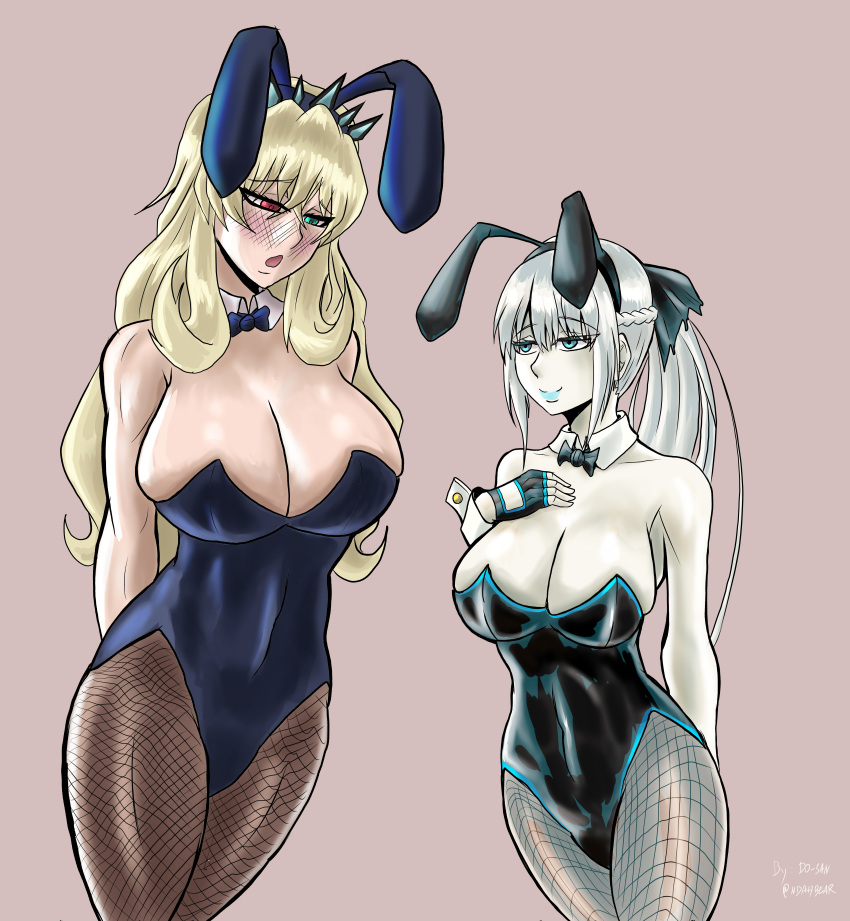 2girls barghest_(gawain)_(fate) blonde_hair bunny_girl bunnysuit fate/grand_order fate_(series) fishnet_stockings leotard morgan_le_fay_(fate) ndahbear taller_girl white_hair