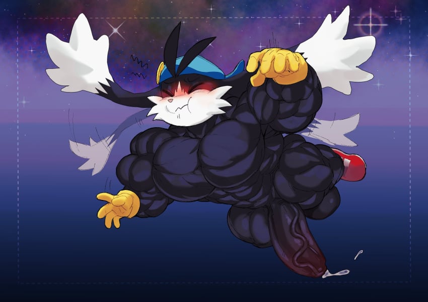 anthro bandai_namco big_chest big_muscles big_penis bodily_fluids clothing crimsonrabbit genital_fluids genitals gloves half_naked handwear hat headgear headwear hi_res huge_muscles hyper hyper_muscles klonoa klonoa_(series) male muscular nude penis precum solo thick_thighs