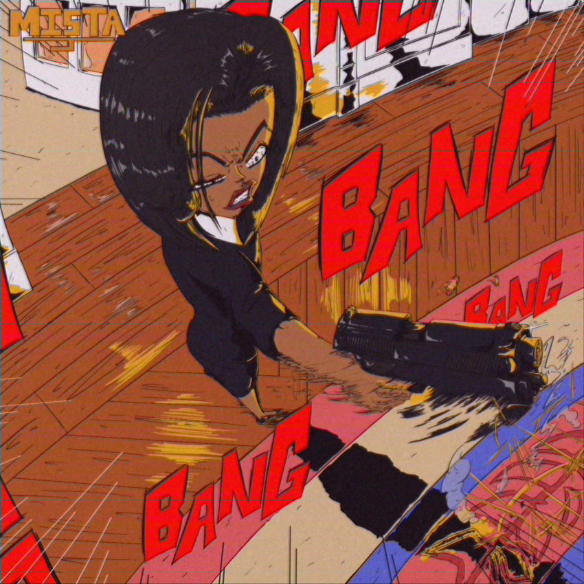 black_dress black_eyes black_hair crazy_eyes gun heels high_heels michelle_obama mistajaay text