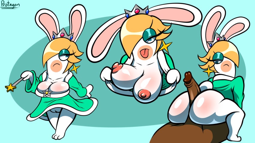 anthro ass big_breasts big_butt blonde_hair breasts cleavage clothed clothing female genitals hair hi_res hot_dogging human human_on_anthro interspecies lagomorph leporid male male/female mammal mario_(series) mario_+_rabbids mario_+_rabbids:_sparks_of_hope nintendo nipples no_underwear penis protagon pussy rabbid rabbid_rosalina rabbit raving_rabbids sex ubisoft