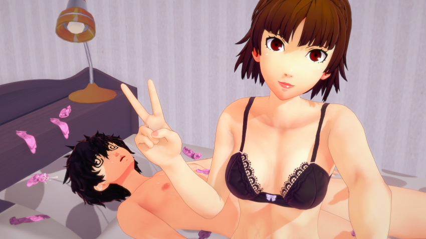 3d after_sex akira_kurusu bedroom bra braulete2 breasts condom guy_tired_after_sex_(meme) koikatsu lamp looking_at_viewer makoto_niijima meme nude_male on_bed persona persona_5 ren_amamiya straight swirly_eyes used_condom v_sign