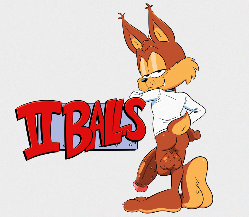 2023 absurd_res anthro balls big_balls big_feet big_penis bobcat bodily_fluids bubsy bubsy_(series) clothed clothing deepcreases feet felid feline genitals half-erect hi_res humanoid_genitalia humanoid_penis looking_at_viewer looking_back looking_back_at_viewer lynx male male_only mammal penis solo sweat sweaty_balls sweaty_genitalia sweaty_penis text topless topless_anthro topless_male topwear white_clothing white_topwear