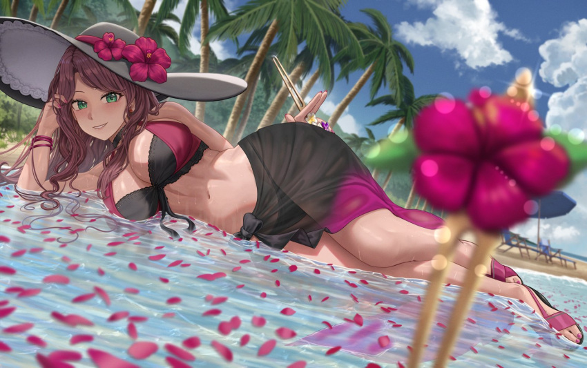 1girls 2023 alternate_costume beach bikini black_sarong bracelet breasts brown_hair cleavage deck_chair dorothea_arnault dorothea_arnault_(summer) female female_only fire_emblem fire_emblem:_three_houses fire_emblem_heroes flower green_eyes hat hat_flower hibiscus highres large_breasts light-skinned_female light_skin long_hair looking_at_viewer lying lying_on_side medium_breasts nintendo off-shoulder_bikini off_shoulder official_alternate_costume on_side palm_tree parasol partially_submerged petals sand sandals sarong sea see-through_clothing silvertsuki solo sun_hat swimsuit thong two-tone_bikini water wet wide_brim_hat wrist_straps