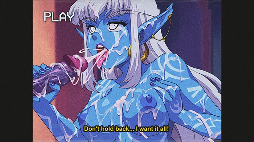 1boy 1girls amelette blizzard_entertainment blue_skin cum cum_in_mouth cum_on_breasts cum_on_face cum_on_tongue cumshot dirtyero_(artist) facial handjob nightborne original_character partial_male pillarbox warcraft white_hair world_of_warcraft