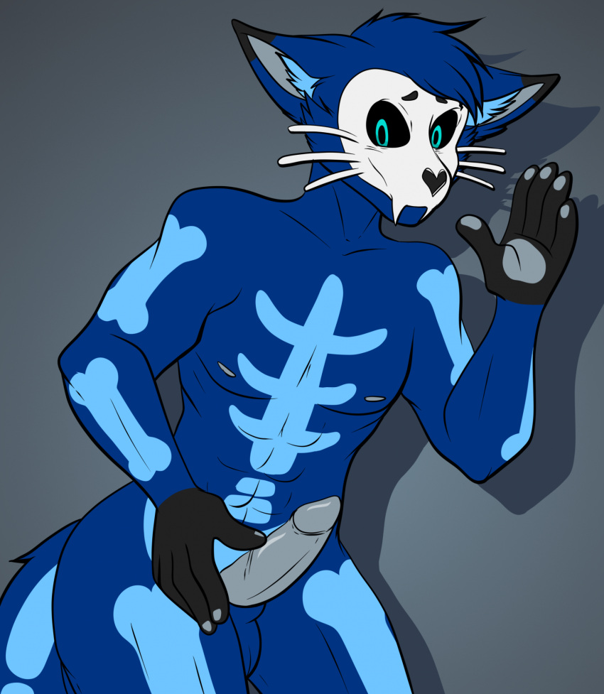 2d_(artwork) alexferdinan anthro black_body black_fur blue_body blue_eyes blue_fur fangs felid feline fur genitals grey_background grey_nipples grey_pawpads grey_penis hi_res male mammal markings mask muscular muscular_male nipples nude pawpads penis pixile_studios simple_background skeleton_(marking) skull_mask skullcat_(sar) solo super_animal_royale teeth whiskers