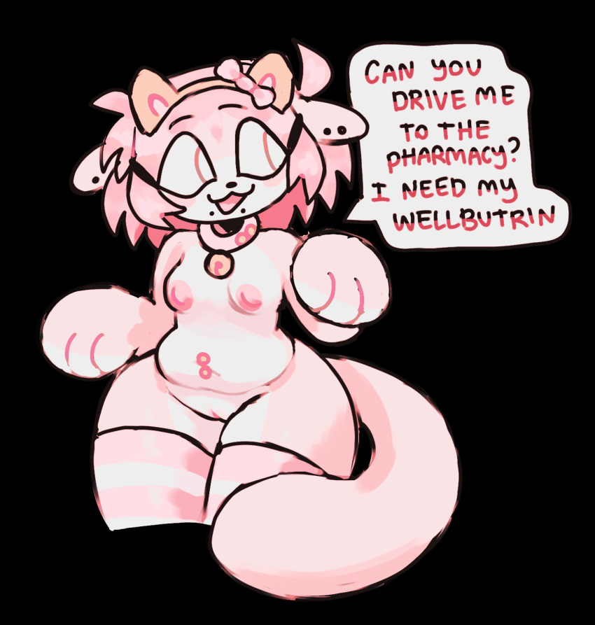 2023 anthro antidepressant belly breasts catgenderzz clothing domestic_cat felid feline felis female genitals hi_res legwear mammal mostly_nude piercing pink_body pussy solo tail thigh_highs wide_hips zoey_(catgenderzz)