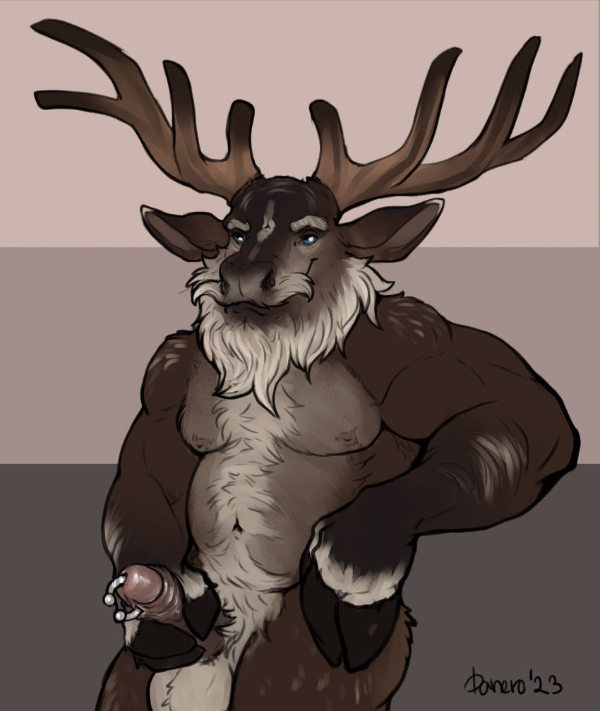 anthro antlers balls beard cervine chest_tuft danero deer facial_hair genital_piercing genitals hi_res hoof_hands hooves horn humanoid_genitalia humanoid_penis male mammal musclegut new_world_deer penis penis_piercing piercing prince_albert_piercing reindeer solo tuft