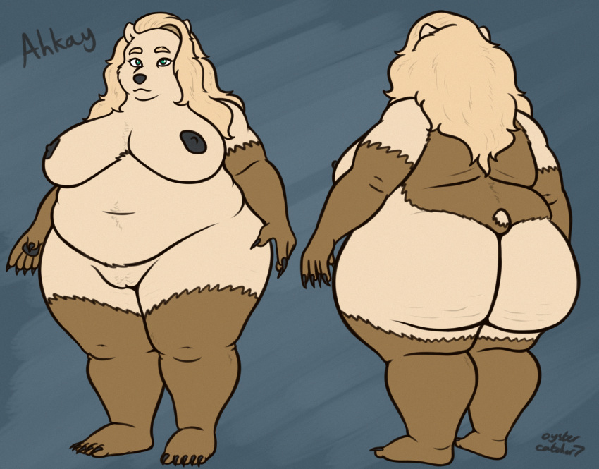 ahkay_(yissnakkjr) anthro ass bear big_breasts big_butt black_nipples blonde_hair breasts brown_body brown_fur cellulite claws female fur genitals green_eyes hair hi_res huge_butt huge_hips long_hair mammal morbidly_obese nipples obese overweight oystercatcher7 pawpads plantigrade plump_labia pussy slightly_chubby solo were wereursid wide_hips