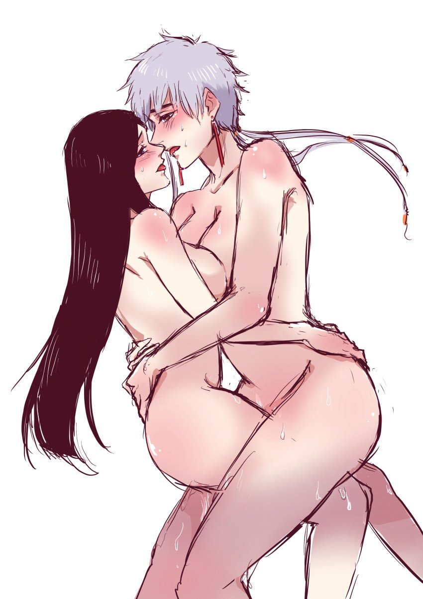 2girls anno_im big_breasts black_hair bleach blush breasts cuddling embarrassed embrace female female/female female_only hug huge_breasts imminent_kiss kotetsu_isane long_hair mature milf multiple_girls romantic romantic_couple sex short_hair short_hair_with_long_locks shy silver_hair teacher_and_student unohana_retsu waist_grab white_background yuri