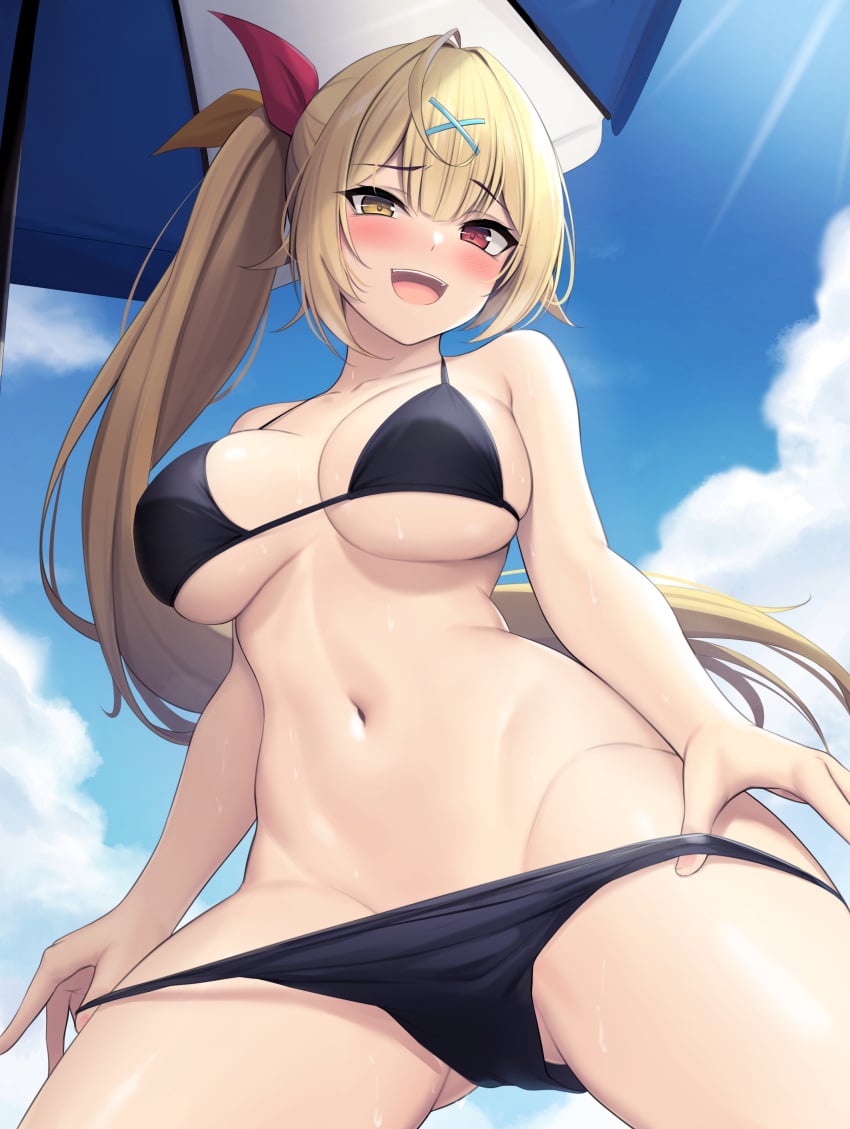 :d beach_umbrella bikini blush cowboy_shot curvy daylight fingernails from_below hanpenmaru heavy_blush hoshikawa_sara huge_breasts looking_at_viewer low-angle_view nijisanji pulling_down_pants smug virtual_youtuber