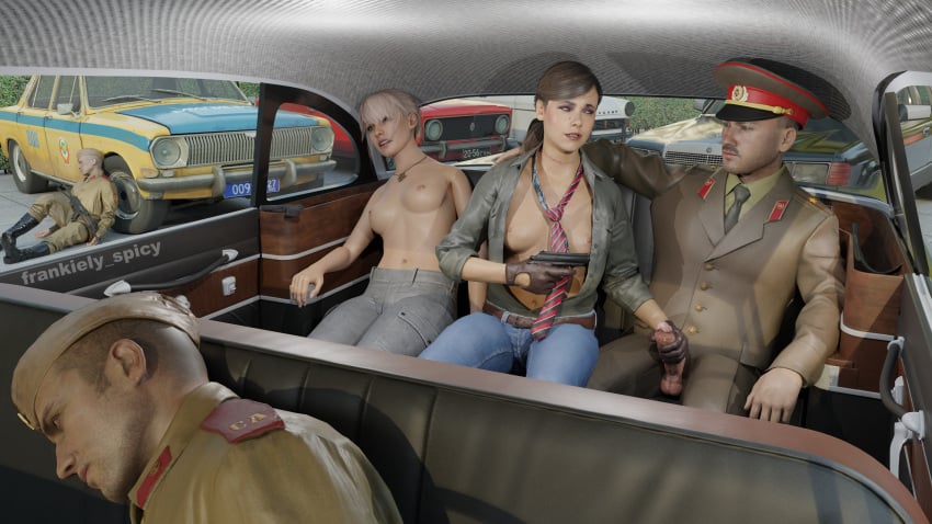 2girls 3boys 3d bangs blender blonde_female blonde_hair blue_eyes boots breasts breasts_out british british_female brown_hair call_of_duty call_of_duty_black_ops_cold_war car female frankiely_spicy gun gunpoint handjob held_at_gunpoint helen_park_(cod) inside_car jeans knocked_out leather leather_boots leather_gloves looking_at_another looking_at_partner looking_back makeup mercedes-benz military military_hat military_uniform moustache necklace necktie outdoor outdoors outside pale-skinned_female pale_skin ponytail russian russian_girl shirt shirt_open shirtless shirtless_female short_hair smile smiling smiling_at_partner soviet tied_hair topless touching_penis unconscious uniform yirina_portnova