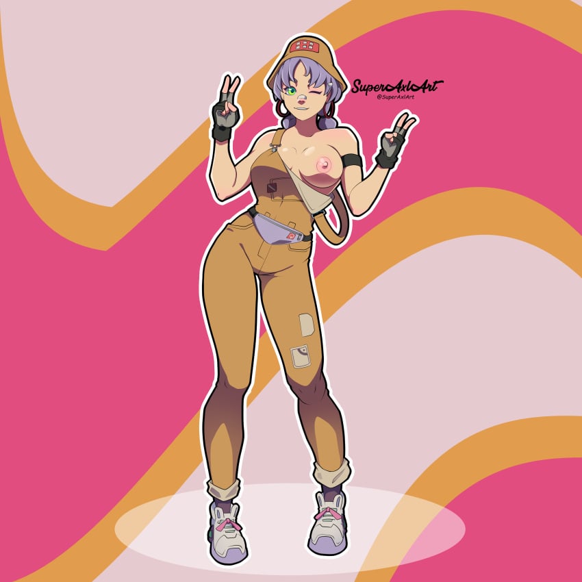 1girls bandaid_on_nose big_breasts bucket_hat earrings female fortnite fortnite:_battle_royale green_eyes hat large_breasts light-skinned_female mae_(fortnite) nose_bandage overalls peace_sign purple_hair superaxlart twintails wholesome