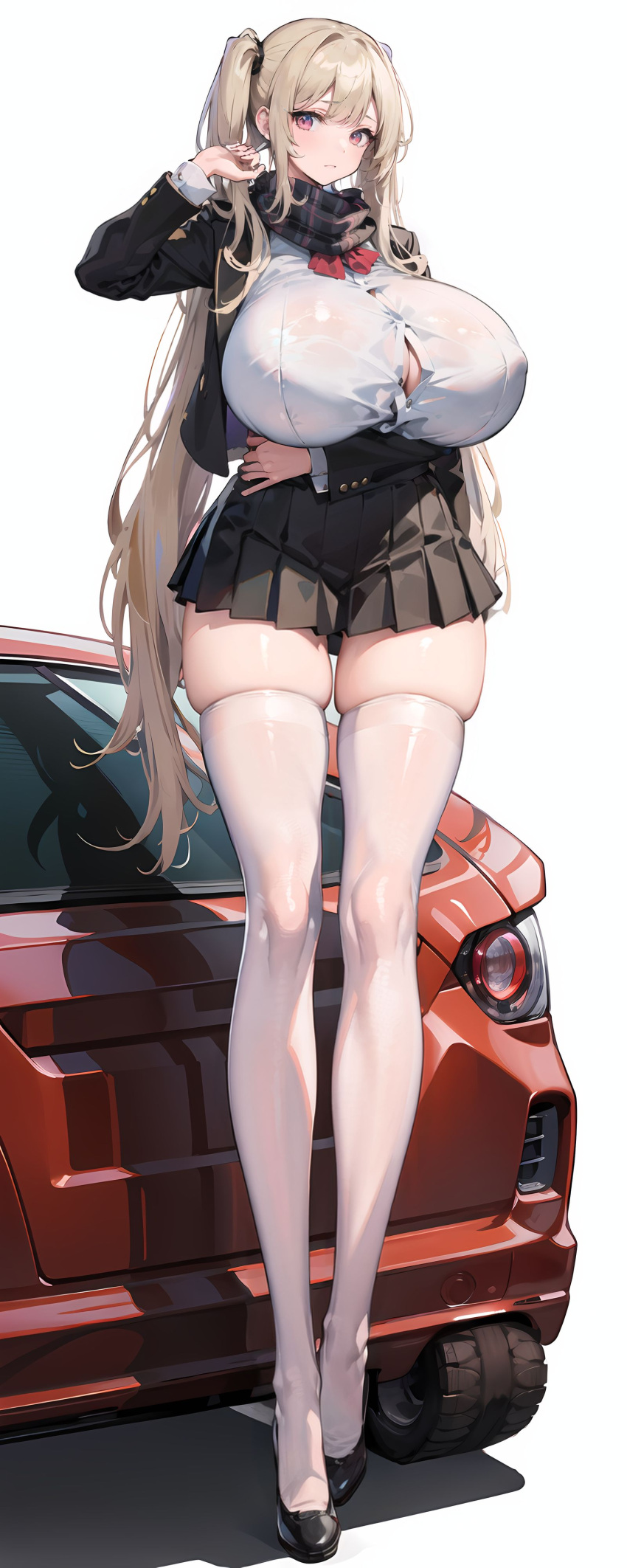 1girls ai_generated arm_under_breasts black_footwear black_jacket black_shoes black_skirt blonde_hair bow bowtie breasts button_gap car closed_mouth covered_nipples female full_body ground_vehicle hand_up hi_res highres huge_breasts legs light_blush long_hair long_legs long_sleeves looking_at_viewer miniskirt open_jacket original pink_eyes plaid plaid_scarf pleated_skirt red_bow red_bowtie red_car sacabambaspis_(user_ymwd7322) scarf school_uniform shadow shoes simple_background skindentation solo standing tall tall_female tall_girl thighhighs thighs twintails vehicle very_long_hair white_background white_legwear white_shirt white_thighhighs zettai_ryouiki