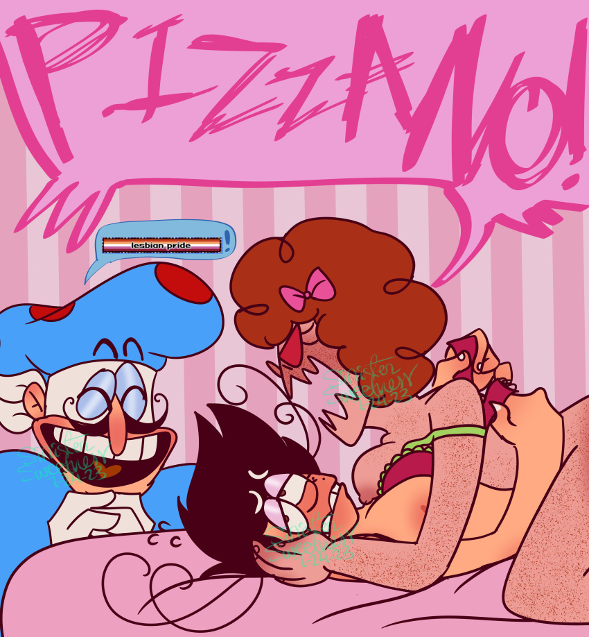 1boy 2girls cowgirl_position embarrassed_nude_female fat_man freckles interuption pizza_tower pizzano pizzelle rosette sugary_spire tits_out