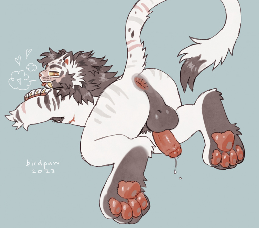 anthro anus arm_tuft backsack balls bara birdpaw_(artist) blep bodily_fluids breath brown_balls brown_ears brown_feet brown_hair brown_mane brown_markings digitigrade dripping fangs feathers felid fur fur_markings genital_fluids genitals glans green_background hair heart hi_res hindpaw leg_tuft lying male male_only mammal mane markings mastectomy_scar on_front pawpads paws penis penis_backwards precum precum_drip raised_tail rear_view red_anus red_eyes red_glans red_pawpads red_penis red_scar saber-toothed_tiger sabertooth_(anatomy) scar simple_background smile solo tail tail_markings tail_tuft tan_body tan_feathers tan_markings teeth three-quarter_view tongue tongue_out tuft white_body white_fur yellow_fangs yellow_sclera