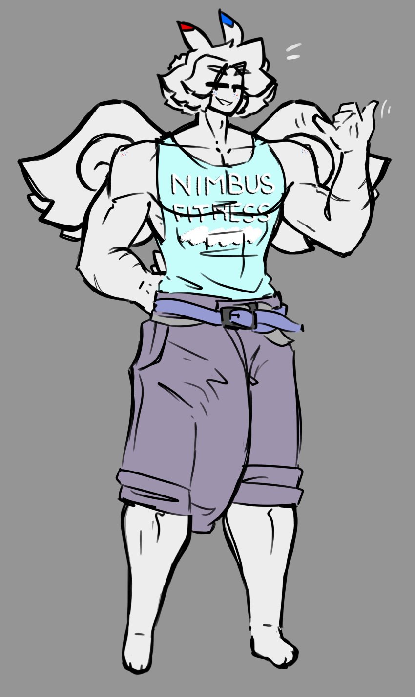 1boy alternate_version_available angel_(shewiff) belt big_penis bulge bulge_through_clothing fit fit_male huge_cock hung male male_only muscular muscular_male oc original original_character pants penis penis_to_the_knees pokémon_(species) pokemon shewiff tagme tank_top text togekiss toned wings