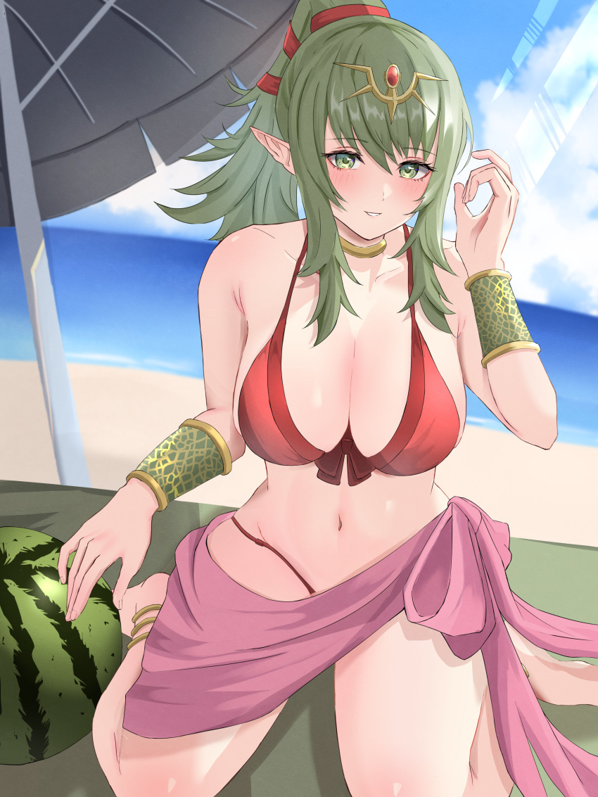 1girls absurdres adjusting_hair anklet bare_thighs barefoot beach beach_umbrella big_breasts bikini bracelet cleavage female female_only fire_emblem fire_emblem_awakening fire_emblem_heroes gold_choker green_eyes green_hair grin hair_ribbon high_ponytail highres jewelry kneeling large_breasts long_hair looking_at_viewer nintendo ocean official_alternate_costume outdoors parasol parted_lips peli_cantaro pink_scarf pointy_ears ponytail red_bikini red_ribbon red_swimsuit ribbon sand sarong scarf seiza sitting smile solo swimsuit teeth thighs tiara tiki_(adult)_(fire_emblem) tiki_(adult)_(summer)_(fire_emblem) tiki_(fire_emblem) umbrella watermark watermelon