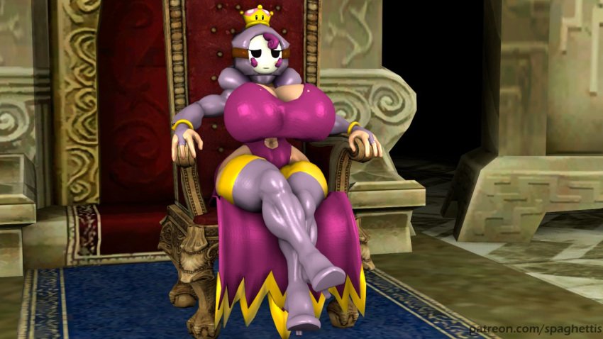 1girls 3d 3d_(artwork) big_breasts big_thighs boob_window boots cleavage clothed clothing crown curvy female female_only half-closed_eyes heel_boots heels high_heel_boots high_heels huge_breasts huge_thighs large_breasts large_thighs mario_(series) mask new_super_mario_bros._u_deluxe nintendo no_bra purple_hair shy_gal shy_guy shyette solo spaghettis_(artist) super_crown tagme thick thick_hips thick_thighs thighs wide_hips