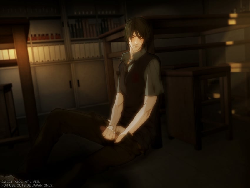 bishonen black_hair black_pants closed_eyes clothed denoised english_text floor furniture game_cg hi_res indoors looking_aside male male_only masturbation non-web_source pants pants_open penis penis_out png sakiyama_youji_(sweet_pool) shoes short_hair sneakers solo solo_male sweet_pool text tie unbuckled_belt uncensored uncensored_penis white_skin