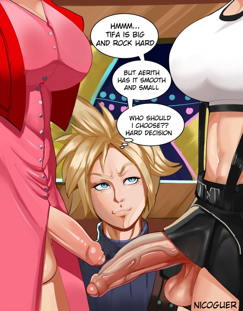 1boy 2022 2futas aerith_gainsborough balls big_breasts big_penis blonde_hair bottomless breasts clothed clothing cloud_strife dialogue english_text erection faceless faceless_character faceless_futanari final_fantasy final_fantasy_vii flaccid foreskin futa_on_male futanari human light-skinned_futanari light_skin male mostly_clothed nicoguer partially_retracted_foreskin penis short_hair smooth_balls smooth_penis square_enix standing text tifa_lockhart uncensored uncut veiny_penis