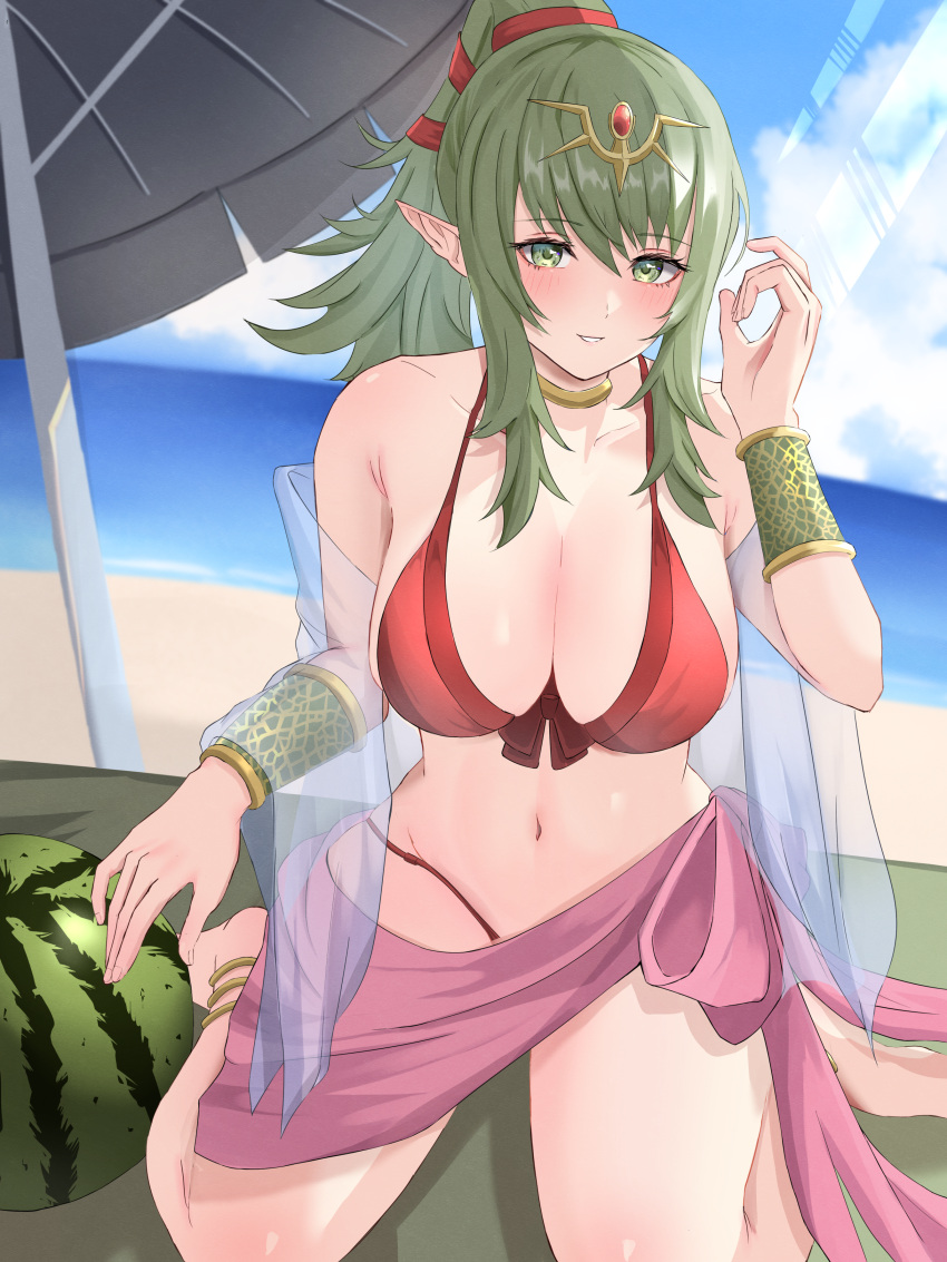 1girls absurdres adjusting_hair anklet bare_thighs barefoot beach beach_umbrella big_breasts bikini bracelet cleavage female female_only fire_emblem fire_emblem_awakening fire_emblem_heroes gold_choker green_eyes green_hair grin hair_ribbon high_ponytail highres jewelry kneeling large_breasts long_hair looking_at_viewer nintendo ocean official_alternate_costume outdoors parasol parted_lips peli_cantaro pink_scarf pointy_ears ponytail red_bikini red_ribbon red_swimsuit ribbon sand sarong scarf see-through seiza sitting smile solo swimsuit teeth thighs tiara tiki_(adult)_(fire_emblem) tiki_(adult)_(summer)_(fire_emblem) tiki_(fire_emblem) umbrella veil watermark watermelon