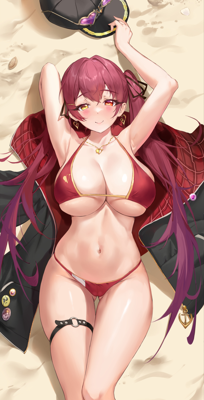 1girls 2023 absurdres armpits arms_up ass_visible_through_thighs baseball_cap beach bed_sheet bikini black_jacket blush breasts closed_mouth coat dakimakura_(medium) dakimakura_design eyewear_on_headwear female hair_ribbon hat heart heart-shaped_eyewear heart_necklace heterochromia highres hololive hololive_fantasy hololive_japan houshou_marine houshou_marine_(4th_costume) jacket jewelry large_breasts long_hair looking_at_viewer lying navel necklace on_back pdxen red_bikini red_eyes red_hair ribbon sand seashell shell smile stomach sunglasses swimsuit thigh_gap thigh_strap thighs twintails virtual_youtuber yellow_eyes