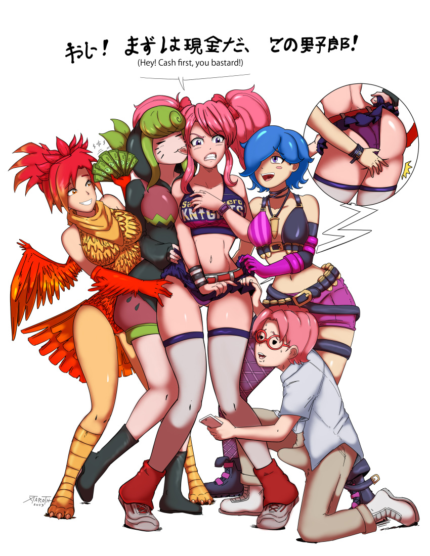 1boy ass belle_fontiere blue_hair cheerleader cosplay dialogue ear_biting erection_under_clothes feathers glasses gloves green_hair hair_ribbon japanese_text jinx_(league_of_legends)_(cosplay) juliet_starling_(cosplay) kazooie large_breasts leotard melony_(smg4) money multiple_girls oddrich pink_hair purple_panties red_hair saiko_bichitaru_(smg4) shiny_skin smg4 sweating tari_(smg4) tights twintails upskirt voyeurism whimpu_(smg4) yuri ztaroth