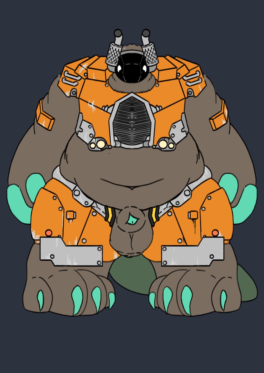 alligator alligatorid animal_genitalia anthro armor balls bear belly big_balls brown_body brown_fur crocodilian fur genitals hi_res male mammal metal muscular orange_armor penis reptile scalie sheath solo standing truck