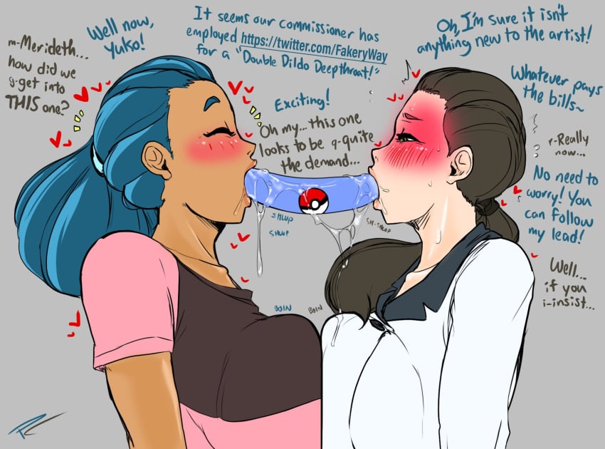 2girls blue_hair breasts brown_hair closed_eyes dark-skinned_female dark_skin dildo dildo_in_mouth double_dildo double_dildo_deepthroat double_sided_dildo drool drooling english_text fakeryway female female_only gagging interracial kissing meredith_(pokemon) multiple_girls pleasure_castle pokemon pokemon:_destiny_deoxys pokemon_(movie) pokemon_ranger_and_the_temple_of_the_sea ponytail saliva sex_toy text yuko_(pokemon) yuri