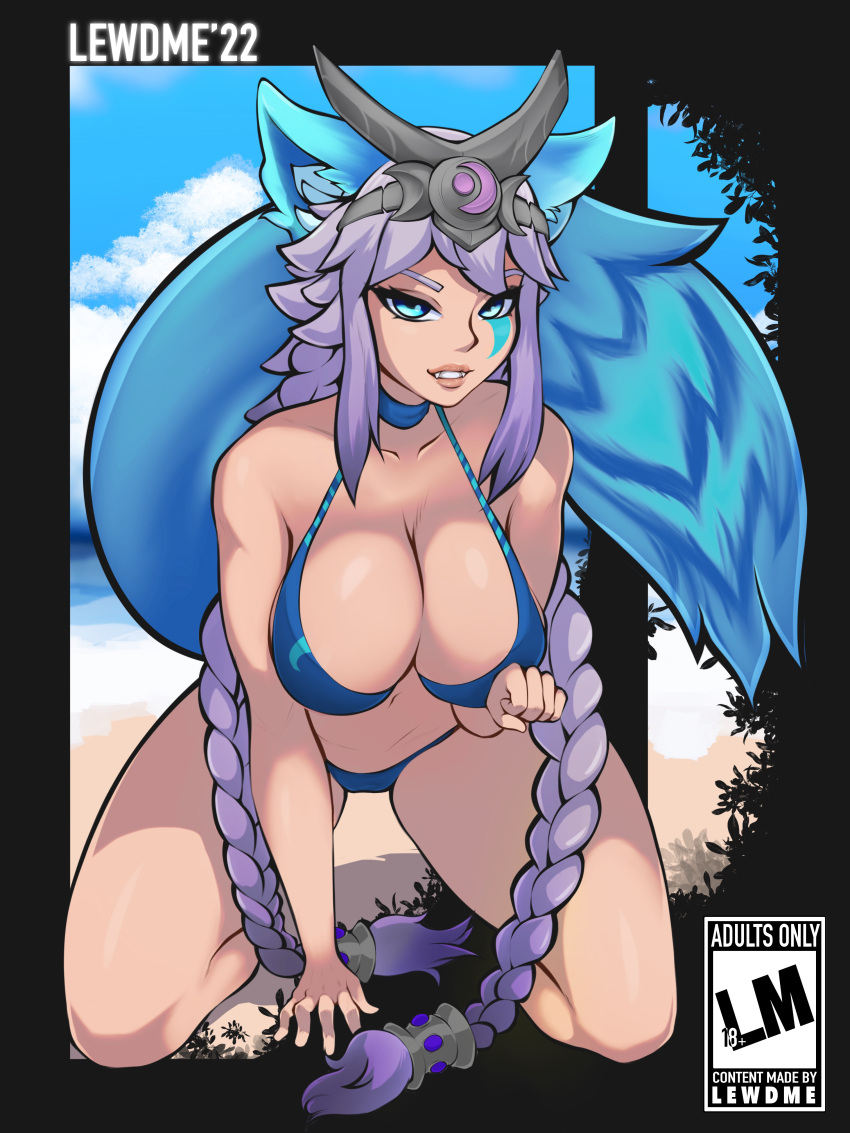 1girls animal_ears animal_tail artist_name beach big_breasts bikini blue_eyes braided_hair breasts face_markings female female_only fox_ears fox_girl fox_tail io_(paladins) lewdme light-skinned_female light_skin looking_at_viewer naughty_face on_knees paladins purple_hair sky solo swimsuit tiara very_long_hair