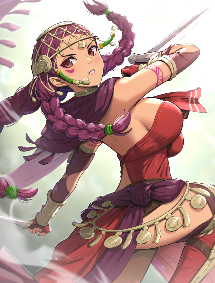 1girls alternate_costume alternate_hairstyle bangs braid breasts brown_eyes capelet commentary_request dark-skinned_female dark_skin dual_wielding eye_tattoo facial_mark female female fire_emblem fire_emblem:_three_houses fire_emblem_warriors fire_emblem_warriors:_three_hopes fully_clothed gloves gonzarez hair_ornament highres holding holding_weapon jewelry large_breasts long_hair looking_at_viewer looking_to_the_side nintendo official_alternate_costume official_alternate_hairstyle open_mouth petra_macneary purple_capelet purple_hair sideboob simple_background smoke solo sword tattoo thick_thighs thighs twin_braids twisted_torso weapon