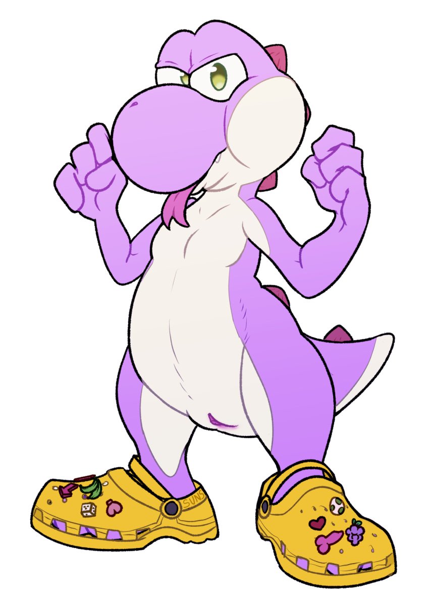 ambiguous_gender animal_genitalia anthro belly clothing crocs enamel_pin fan_character fighting_pose footwear footwear_only forked_tongue genital_slit genitals green_eyes hi_res looking_at_viewer mario_(series) mostly_nude nintendo pins pose purple_body purple_skin raised_arms scales shoes shoes_only slit solo spikes suns_(artist) tongue tongue_out white_belly white_body white_skin yoshi